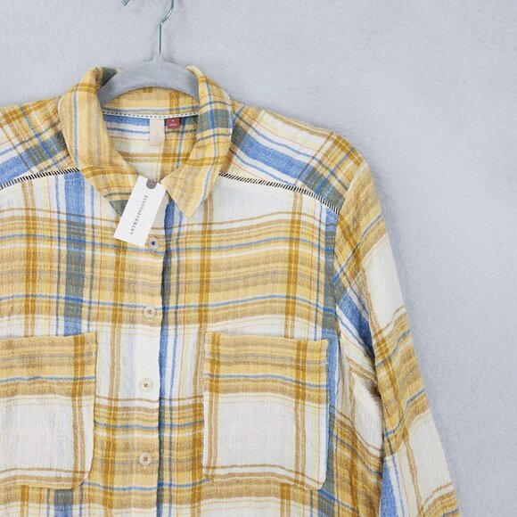 Pilcro Shirt Womens Medium Yellow Plaid Side Slit Maxi Tunic Button Down NEW - Picture 2 of 13